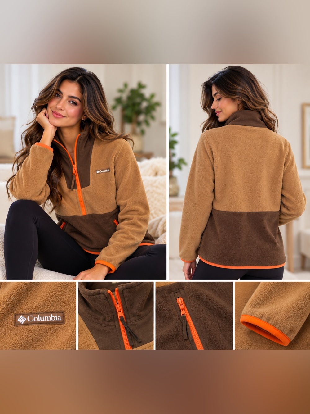 Columbia Two-Tone Brown Teddy Fleece Jacket with Orange Trim